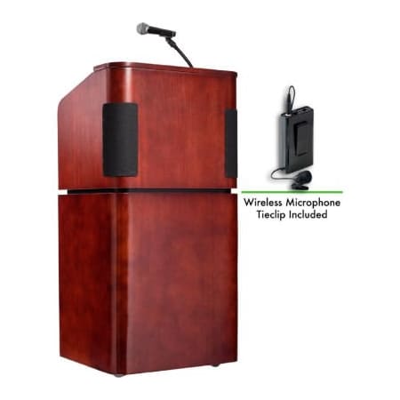 National Public Seating Oklahoma Sound Tabletop-Base Combo Podium / Lectern w / Wireless Tieclip / Lavalier Mic, Mahogany 950/901-MY/WT/LWM-6